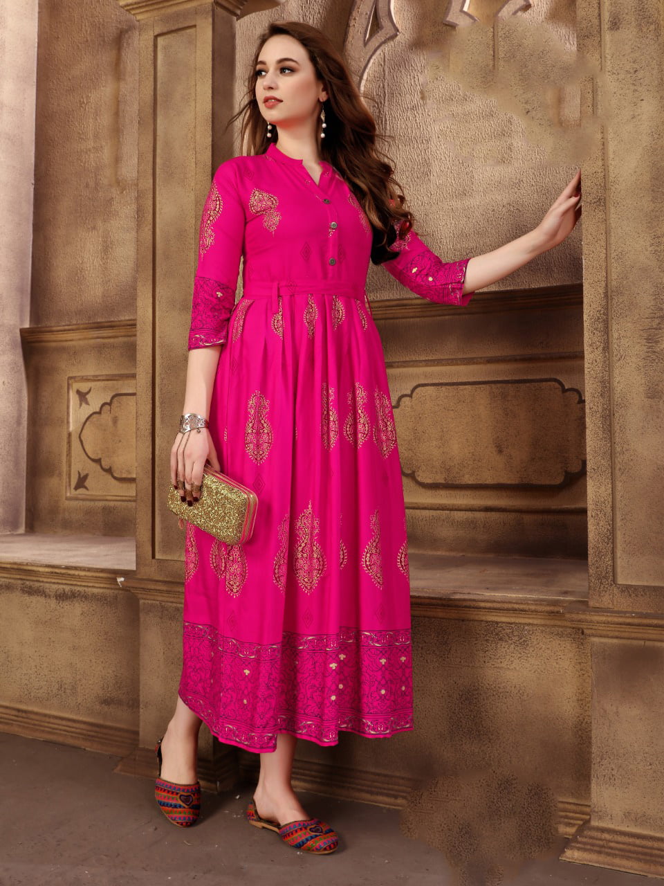 Buy Pink Embroidered Cotton Party Wear Kurti Online 