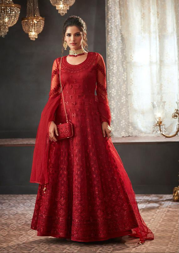Fashionable Scarlet Red Color Heavy Embroidery Work Anarkali Suit (Diwali Exclusive Wear)