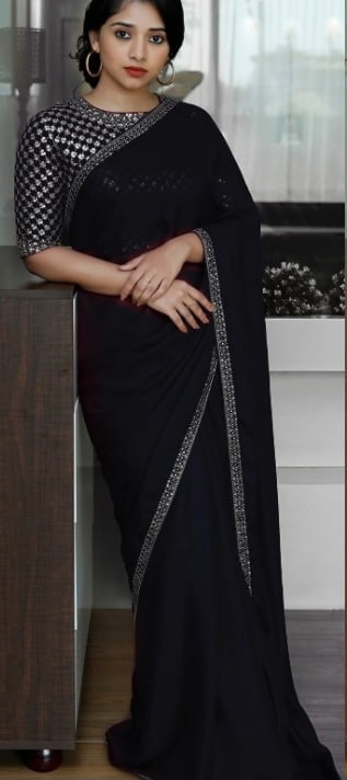 Smooth Georgette Black Color Saree With Full Sequence & Thread Work Blouse