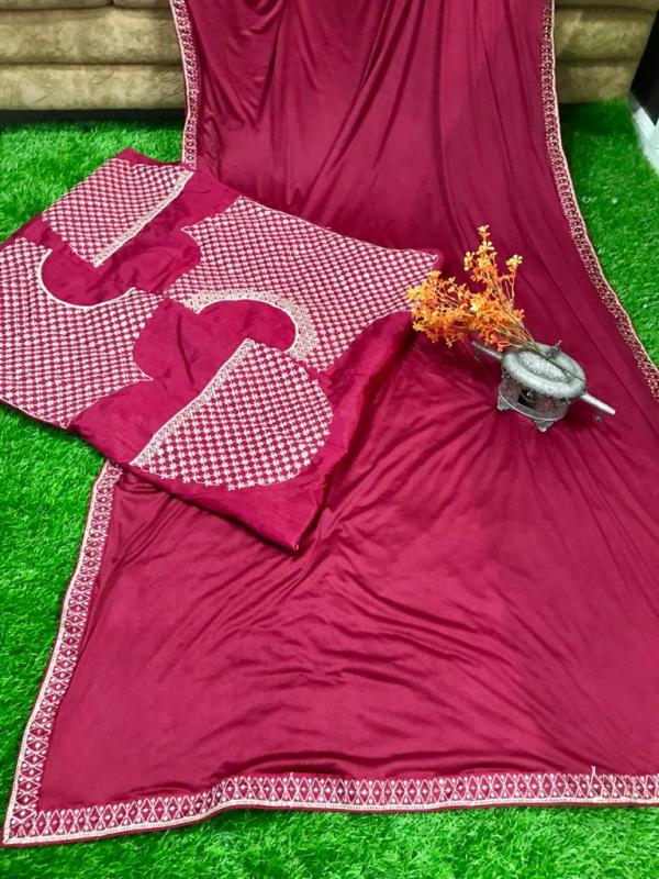 Smooth Georgette Maroon Color Saree With Full Sequence & Thread Work Blouse