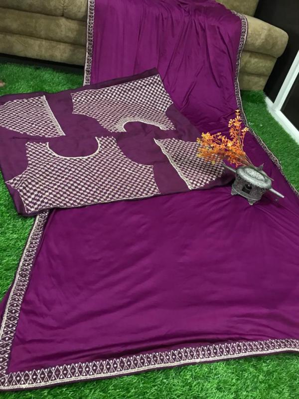 Smooth Georgette Purple Color Saree With Full Sequence & Thread Work Blouse