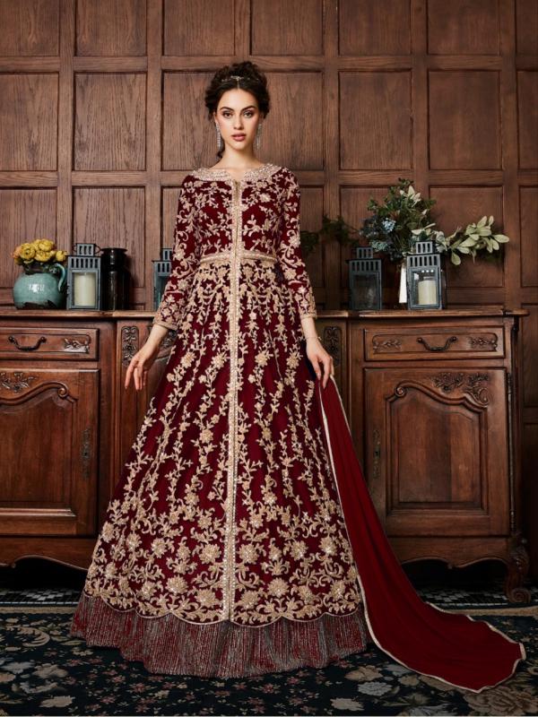 energetic-maroon-color-vaishnavi-net-with-coding-embroidery-work-anarkali-suit