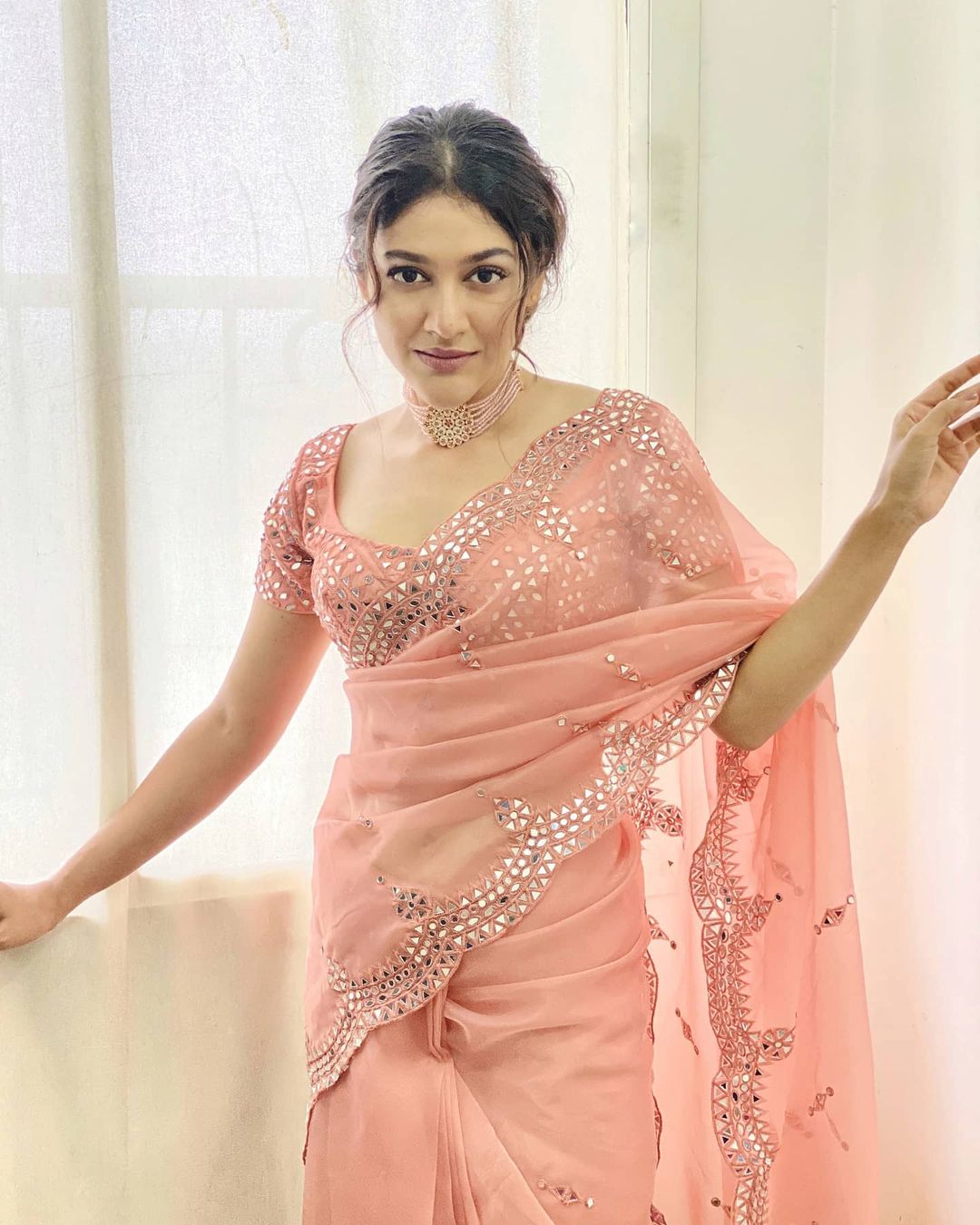 Buy Peach Sequins Work Soft Net Designer Saree Online