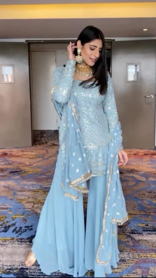 Yankita Kapoor Pretty Sky Blue Color Georgette Sequence Work Sharara Set