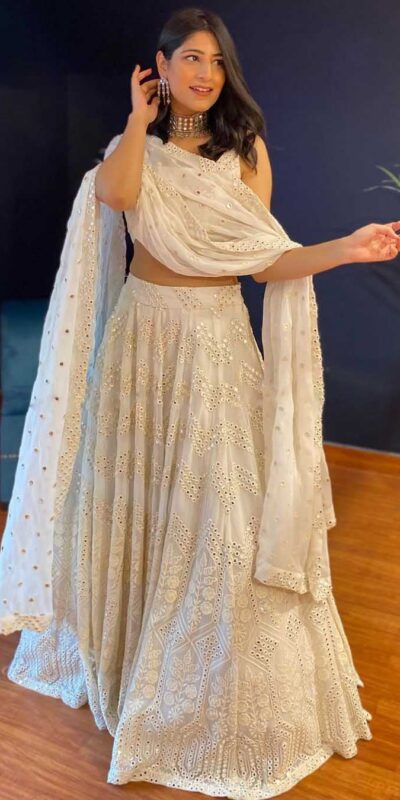 RTC 6221 White Lehenga : Georgette Work : Heavy Embroidery With Sequence Work Blouse : Georgette Party, Festive, Events Etc.@1999/- Only | Bollywood Lehenga, Creative Lehenga, Designer Lehenga, Embroidered Lehenga, Lehenga, Party Wear Lehenga