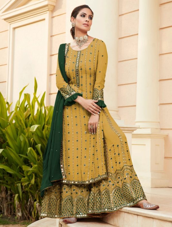 Yellow Georgette Embroidered Sharara Suit With Real Mirror Work