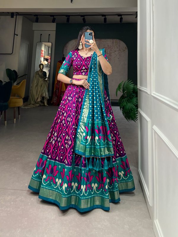 Glamorous Purple Color Tussar Silk Drawstring & Printed With Foil Print & Heavy Tassels Lehenga Choli