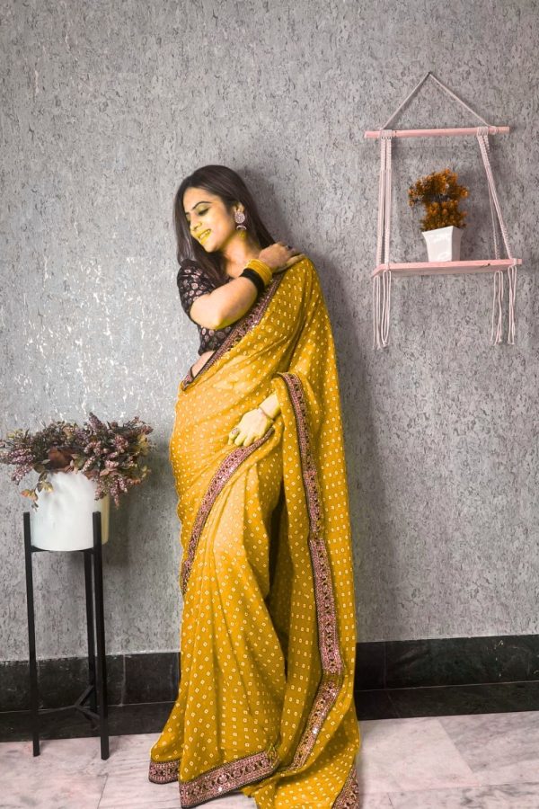 Brilliant Yellow Color Printed Georgette With Sequence Embroidery Lace Saree