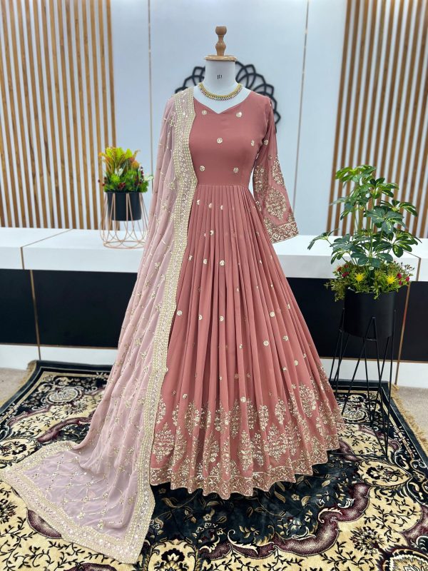 Graceful Peach Color Georgette Embroidery Sequence Work Gown