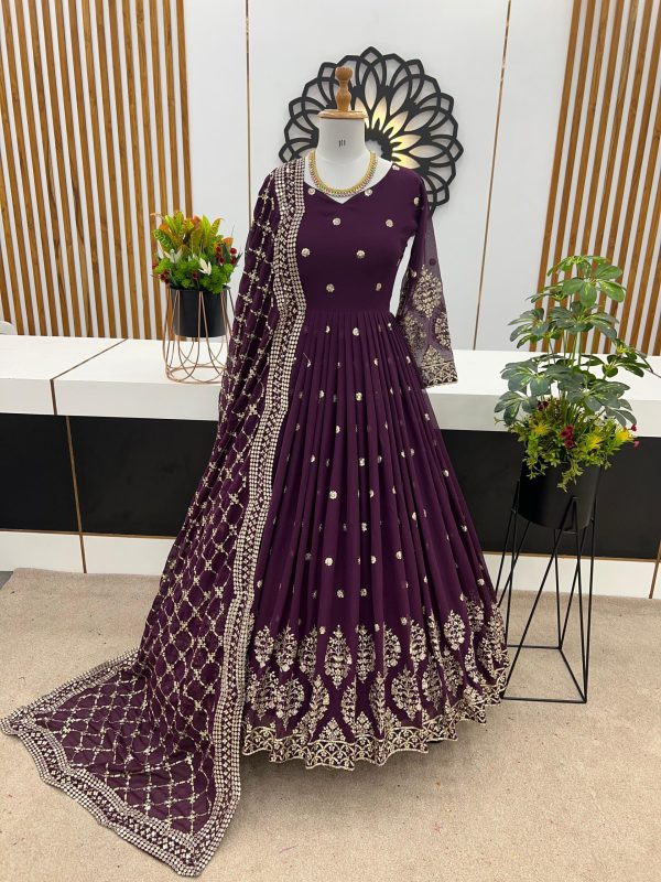 Graceful Voilet Color Georgette Embroidery Sequence Work Gown