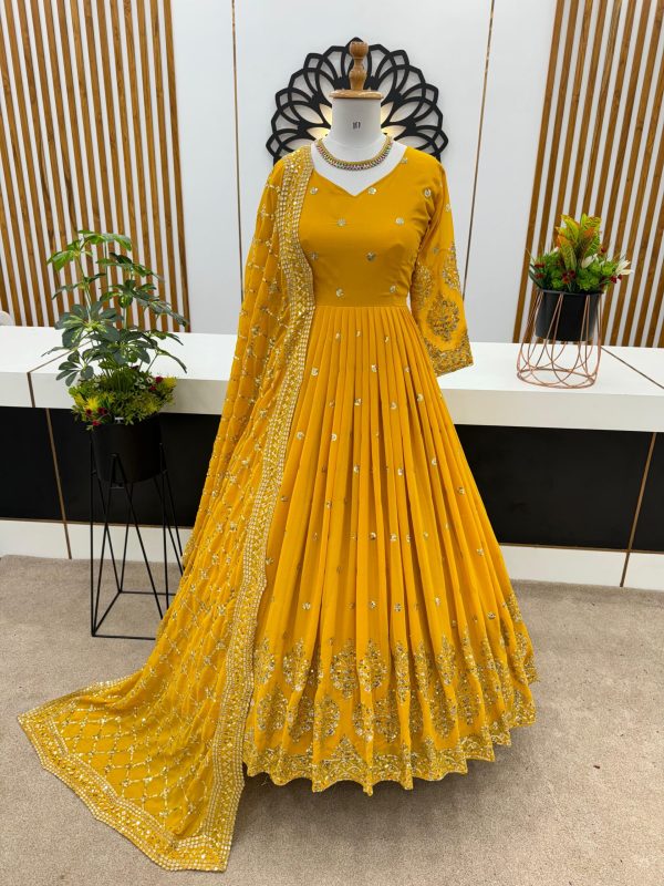 Graceful Yellow Color Georgette Embroidery Sequence Work Gown
