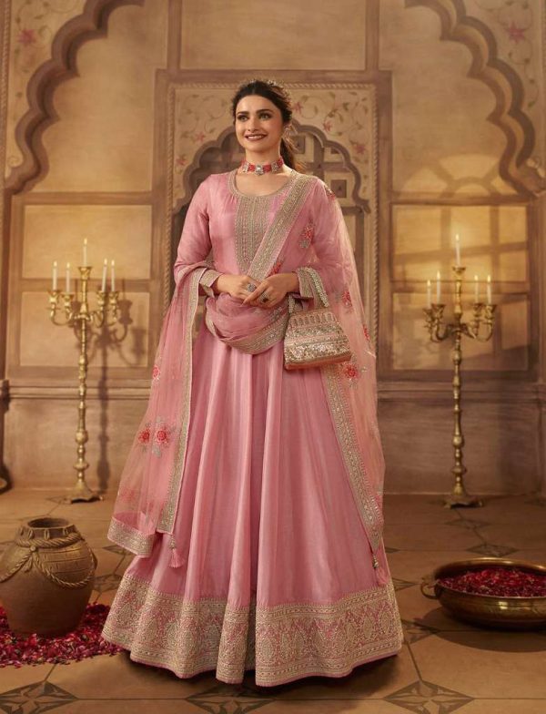 Grand Look Pink Color Dola Silk Embroidery Work Anarkali Suit