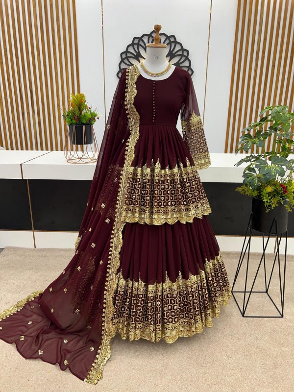 stunning Dark Maroon Color Faux Georgette With Embroidery Sequence Work Lehenga Choli