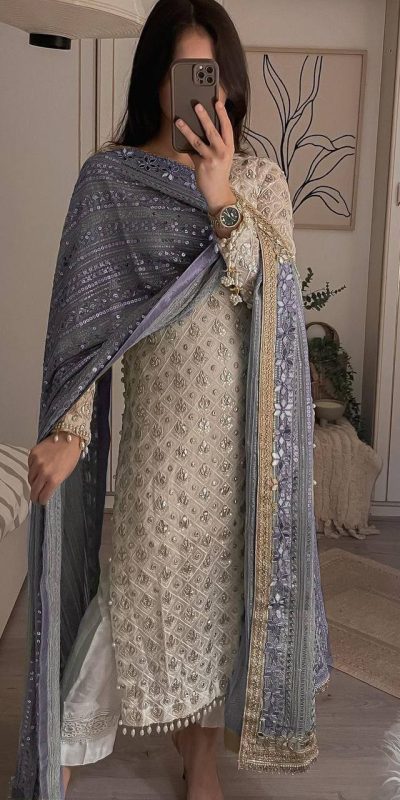 LG 1816 White Color Sequence Work Salwar Suit With Violet Dupatta Casual, Wedding, Festive, Events Etc. Expected Delivery 4-6 Working Days @2349/- | Casual Suits, Creative suits, Designer Suits, Party Wear Suits, Patiala Suits, Salwar suit, Straight Suits