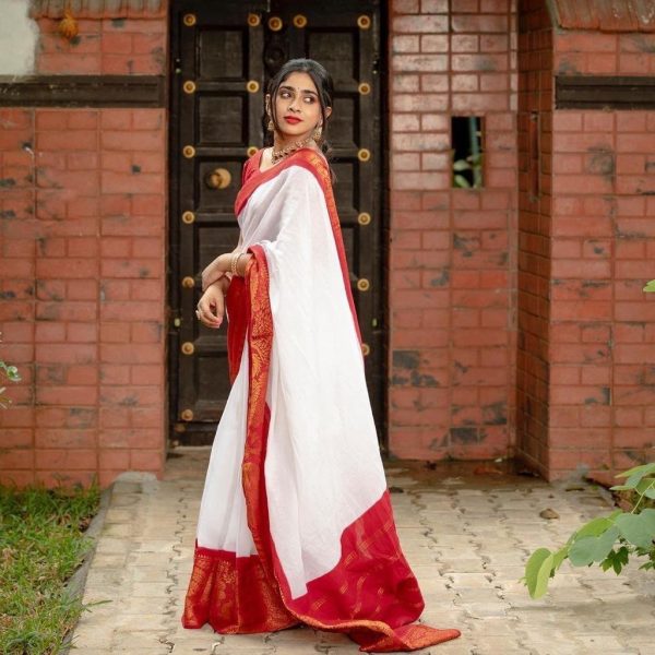 Traditionally White Color Soft Lichi Silk With Ordinary Design Saree