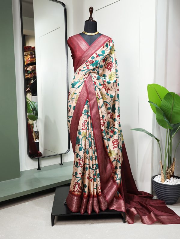 Wanted Maroon Color Dola Silk Printed With Zari Border Partywear Designer Style Saree