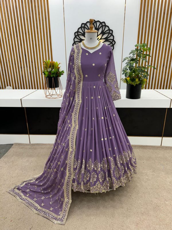 Graceful Light Purple Color Georgette Embroidery Sequence Work Gown