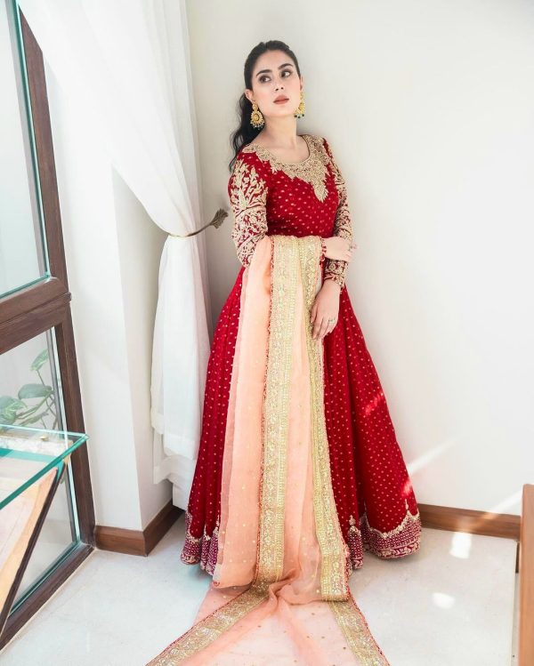 Luminous Red Color Faux Georgette Embroidery Sequence Work Gown