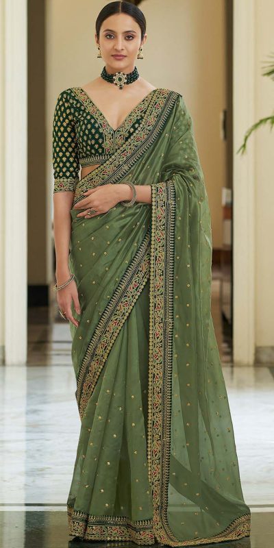 Green and Gold Floral Organza Silk Saree – ShopBollyWear.Com