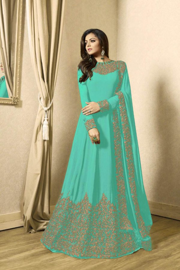 Floor Length Anarkali For Women's In Sea Green Color With Heavy Georgette