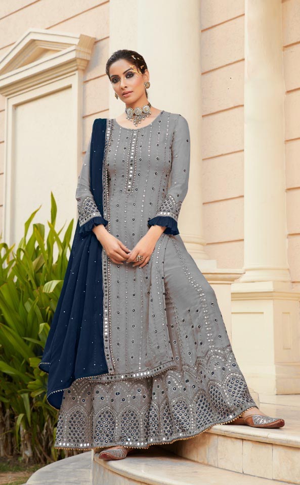 blue combination colour dress Wear Gray And Grey And Blue Embroidered Sharara Suit With Real Mirror Work stretch suiting How to Hide Panty Width:Medium - M