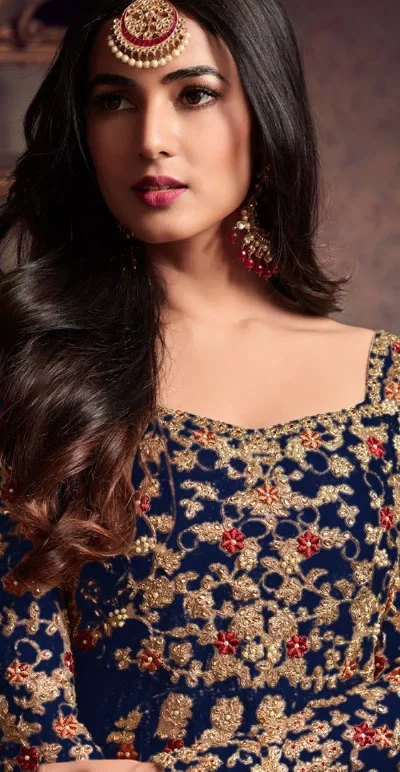 Maisha 5608 Blue Top : Heavy Net Work : Heavy Embroidery Coding With Diamond Work Bottom : Santoon Wedding, Party, Festive @3299/- | Anarkali Suits, Bollywood Anarkali, Creative-Anarkali, Designer Anarkali, Embroidered Anarkali, Party Wear Anarkali