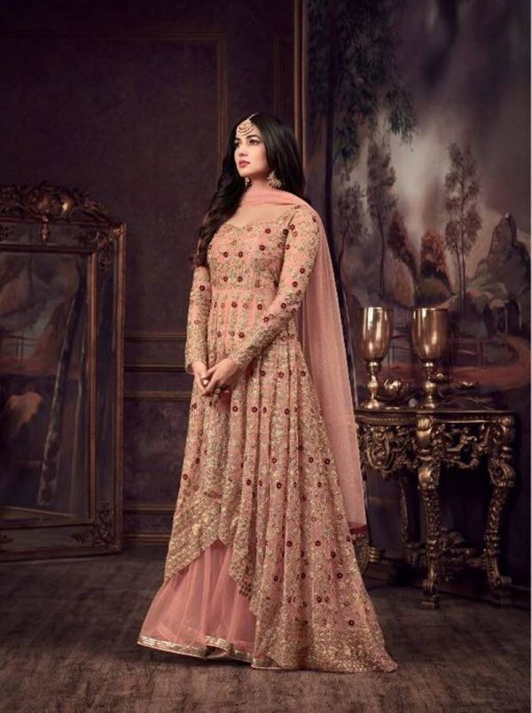 Maisha Women's Wear Peach Color Heavy Net Embroidered Stone Work Sharara Suit