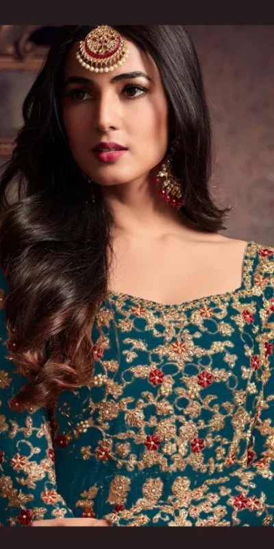 Maisha 5608 Peacock Blue Top : Heavy Net Work : Heavy Embroidery Coding With Diamond Work Bottom : Santoon Wedding, Party, Festive @3299/- | Anarkali Suits, Bollywood Anarkali, Creative-Anarkali, Designer Anarkali, Embroidered Anarkali, Party Wear Anarkali