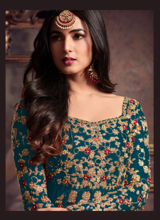 Maisha 5608 Peacock Blue Top : Heavy Net Work : Heavy Embroidery Coding With Diamond Work Bottom : Santoon Wedding, Party, Festive @3299/- | Anarkali Suits, Bollywood Anarkali, Creative-Anarkali, Designer Anarkali, Embroidered Anarkali, Party Wear Anarkali