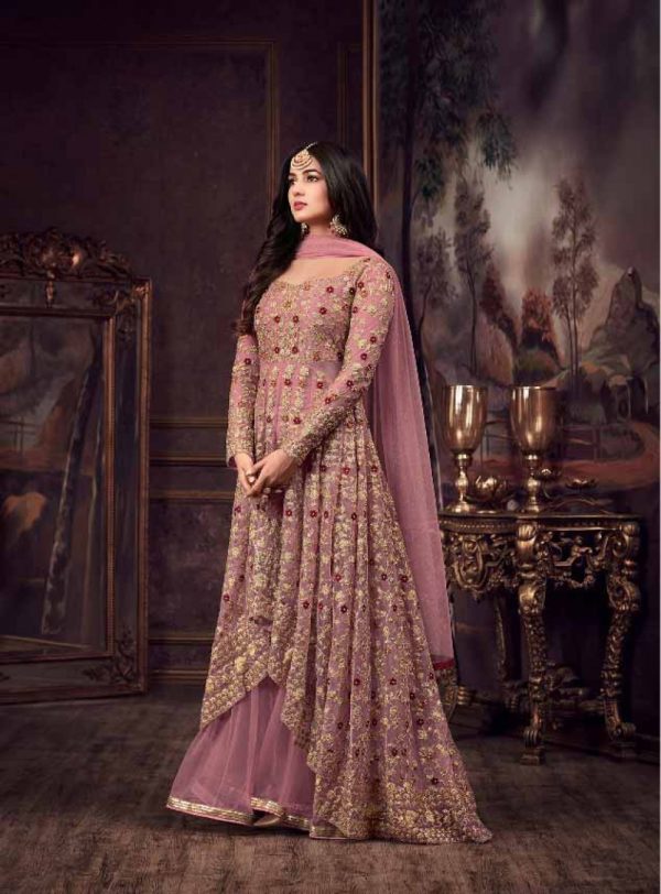 Maisha Women's Wear Pink Color Heavy Net Embroidered Stone Work Sharara Suit
