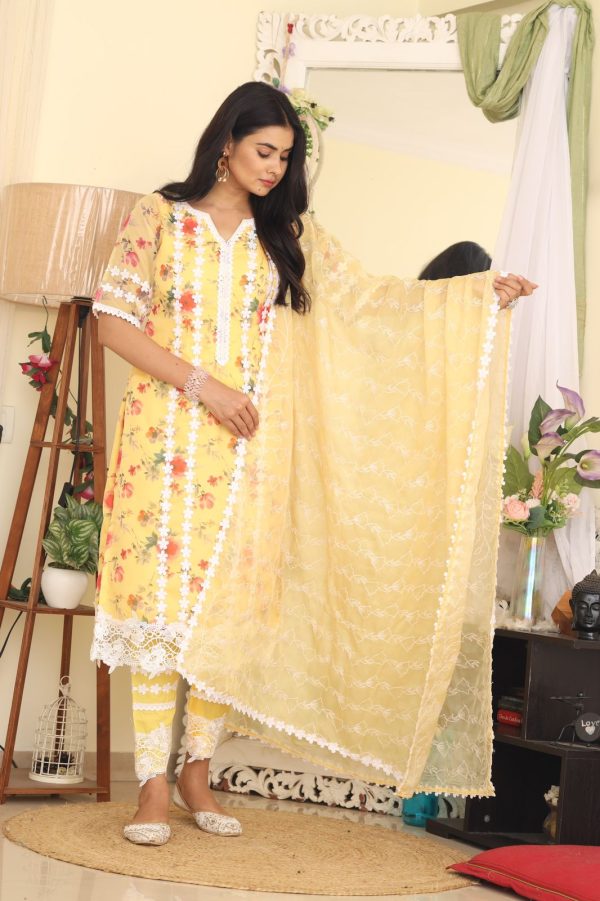Cute Yellow Color Organza Digital Printed Thread Anarkali Suit