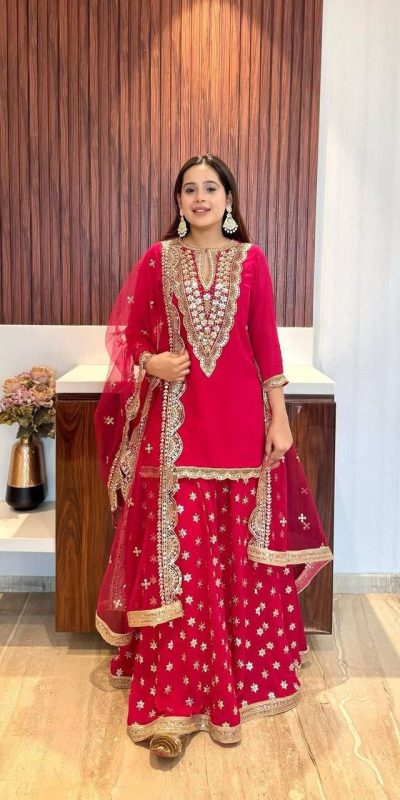 Dazzling Red Color Georgette Embroidery Mirror Work Salwar Suit