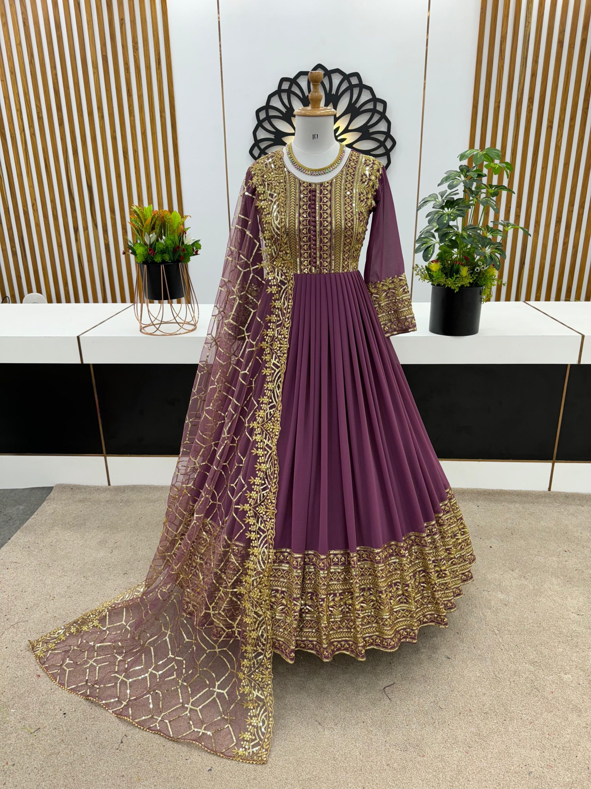 Elegant Purple Color Georgette Embroidery Sequence Work Gown