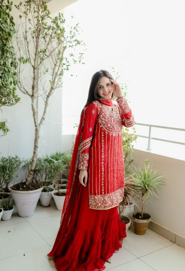 Graceful Red Color Faux Georgette Thread Sequence Salwar Suit
