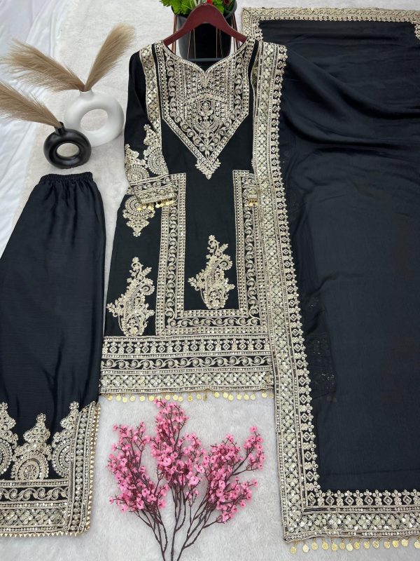 Grand Black Color Chinnon Silk Embroidery Coding Salwar Suit