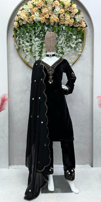 Grand Black Color Velvet Thread Work With Real Mirror Salwar Suit