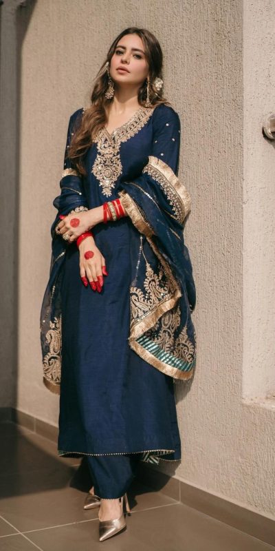 Majestic Navy Blue Color Chinnon Silk Embroidery Salwar Suit