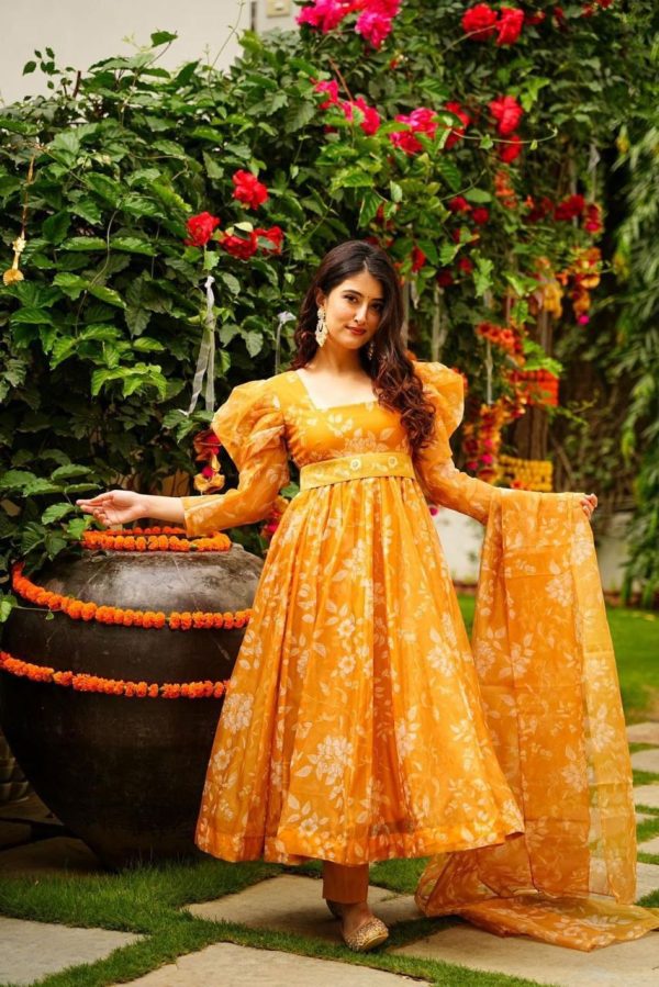 Mesmerizing Yellow Color Tabby Organza Work Sharara Suit
