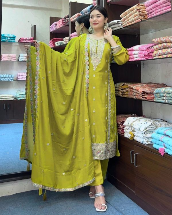 Nice Mehndi Green Pure Chinnon Silk Embroidery Salwar Suit