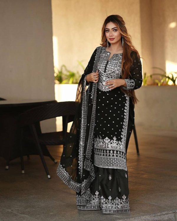 Pretty Black Color Georgette Embroidery Sequence Salwar Suit