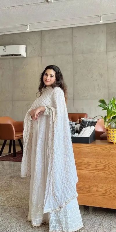 Pure White Color Georgette Embroidery Sequence Salwar Suit