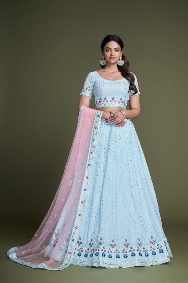 Sightly Sky Blue Color Georgette Embroidery Sequins Lehenga Choli