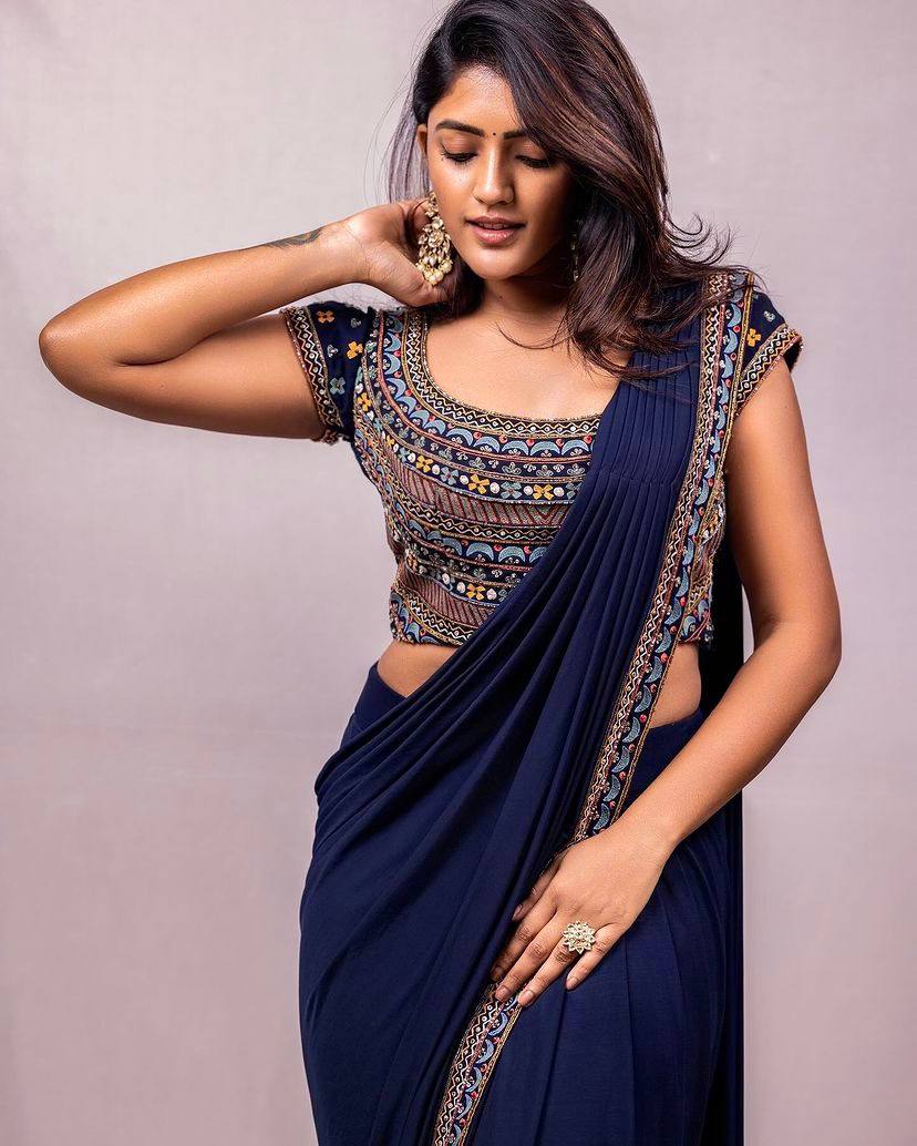 Eesha Rebba Royal Blue Color Georgette Embroidery Zari Fancy Saree