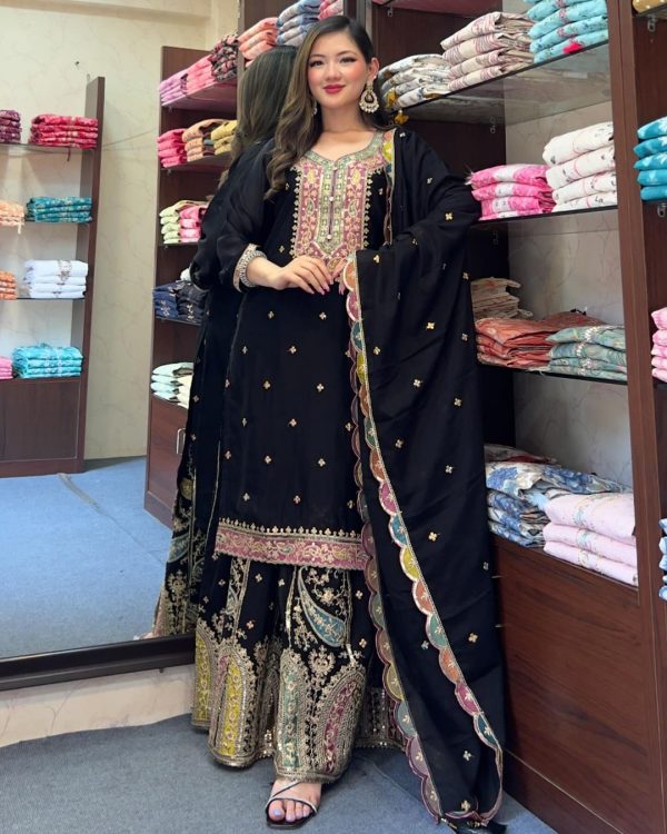 Cute Black Color Chinnon Silk Embroidery Sequence Salwar Suit