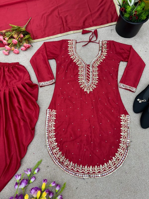 Exotic Red Color Pure Chinnon Embroidery Diamond Salwar Suit