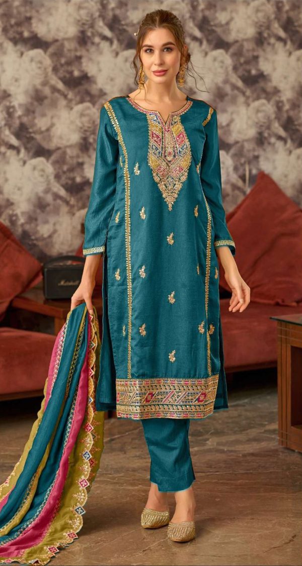 Fancy Blue Vichitra Embroidery Codding Sequence Salwar Suit