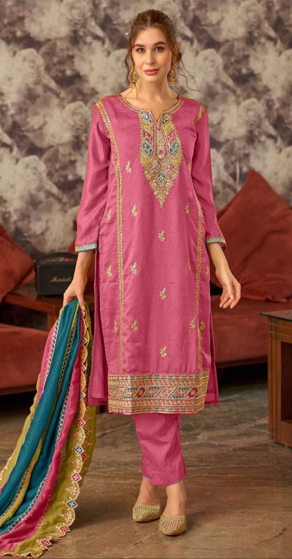 Fancy Pink Vichitra Embroidery Codding Sequence Salwar Suit