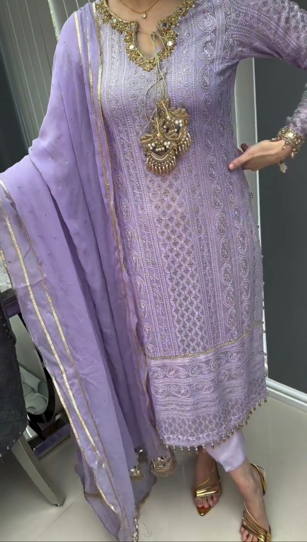 Fine Violet Color Chinon Silk Embroidery Sequence Salwar Suit