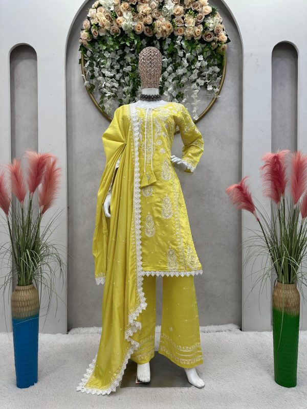 Graceful Mustard Color Maslin Silk Thread Work Salwar Suit