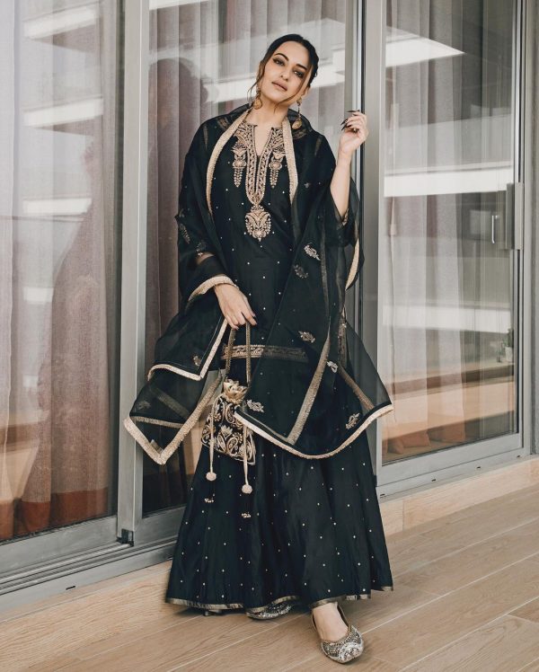 Grand Black Chinnon Silk Embroidery Coding Dori Salwar Suit